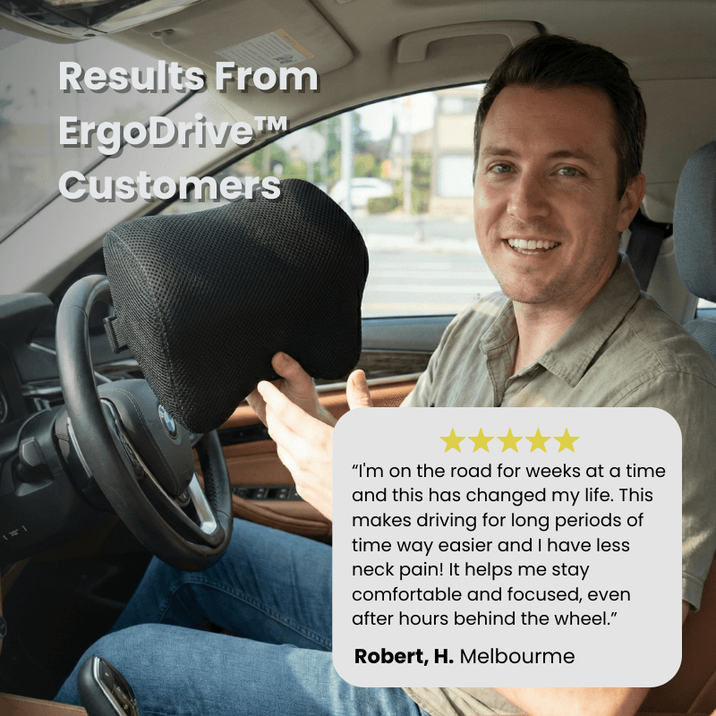 Customer holding the ErgoDrive breathable mesh car neck pillow, with a five-star review about less neck pain on long drives