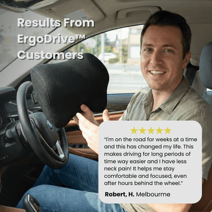Customer holding the ErgoDrive breathable mesh car neck pillow, with a five-star review about less neck pain on long drives