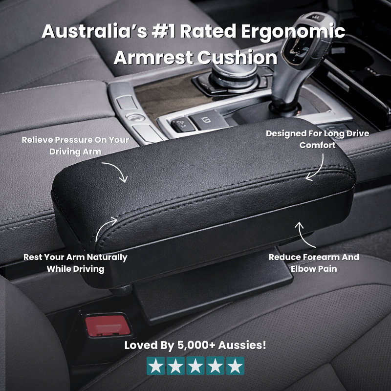 ErgoDrive memory foam car armrest cushion on a centre console, easing pressure on the driving arm and elbow