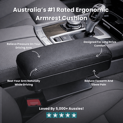 ErgoDrive memory foam car armrest cushion on a centre console, easing pressure on the driving arm and elbow