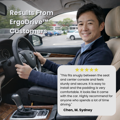 Customer using the ErgoDrive car armrest cushion between the seat and console, with a five-star Sydney review
