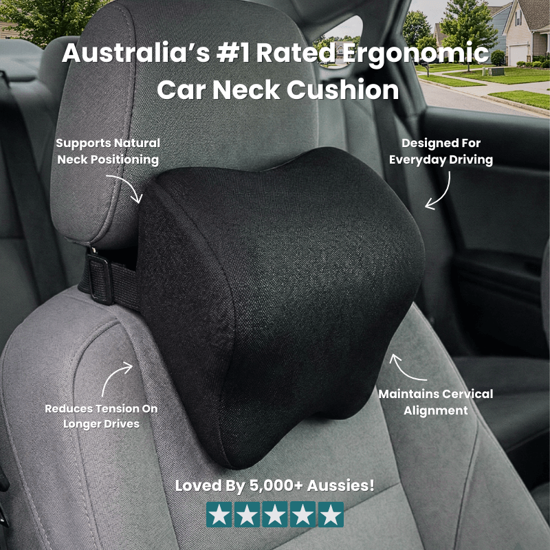 ErgoDrive ergonomic car neck cushion strapped to a headrest, supporting natural neck position and cervical alignment on long drives