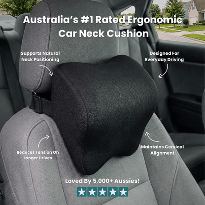 ErgoDrive ergonomic car neck cushion strapped to a headrest, supporting natural neck position and cervical alignment on long drives