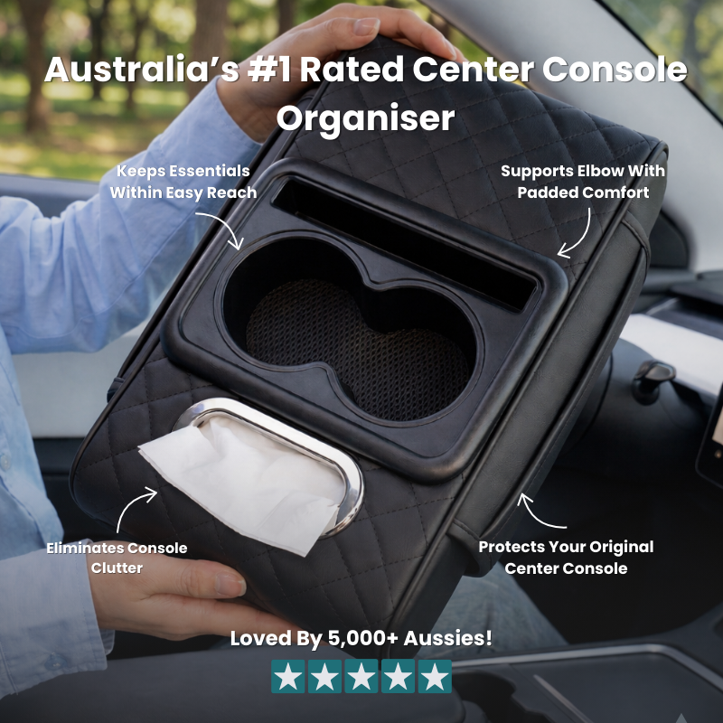 ErgoDrive quilted centre console organiser with built-in cup holders, tissue slot and padded elbow support, keeping the car tidy and protecting the original console