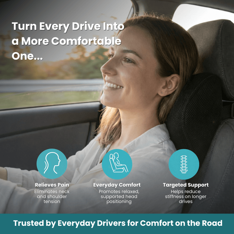 Woman relaxing against the ErgoDrive memory foam car neck pillow while riding, easing neck and shoulder tension
