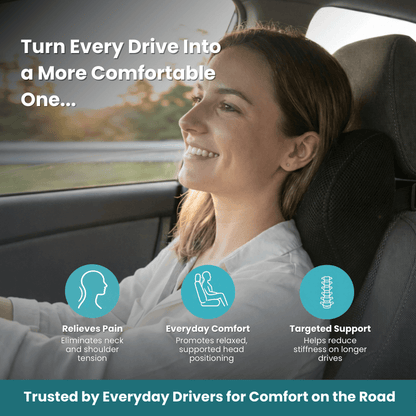 Woman relaxing against the ErgoDrive memory foam car neck pillow while riding, easing neck and shoulder tension