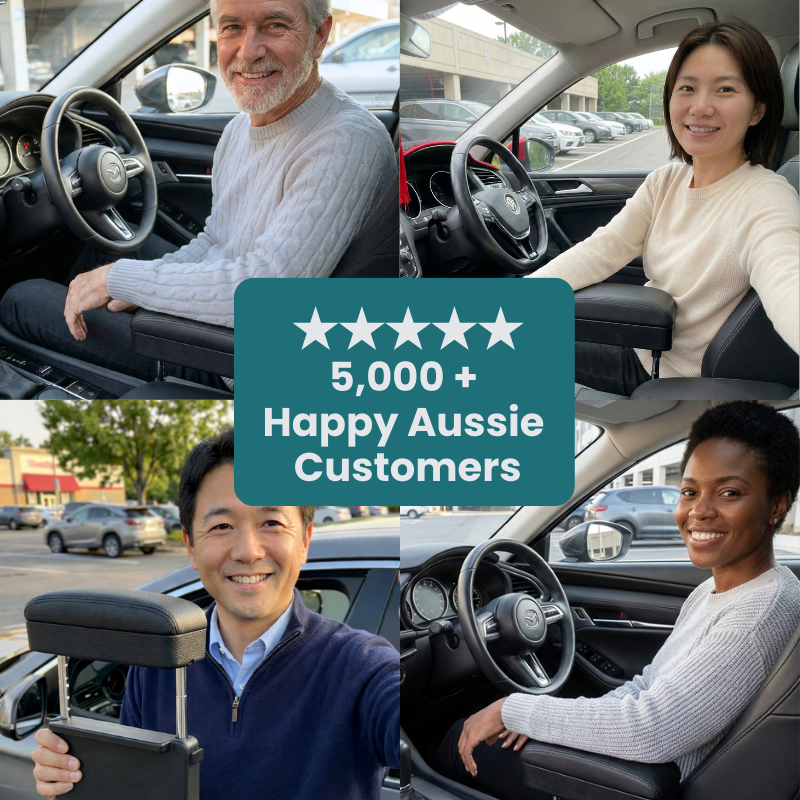 Collage of happy Australian customers with the ErgoDrive car armrest cushion and a 5,000-plus five-star customer badge