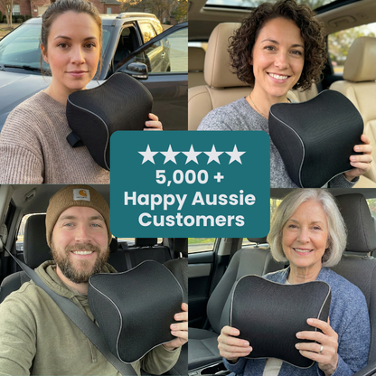 Collage of happy Australian customers holding their ErgoDrive car neck cushions, with a 5,000-plus five-star customer badge